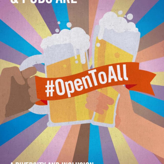 Illustration of two hands of different skin tones clinking beer glasses, with a banner reading #OpenToAll, text "Our breweries & pubs are a diversity and inclusion charter for the brewing and pub industry" and the BBPA logo