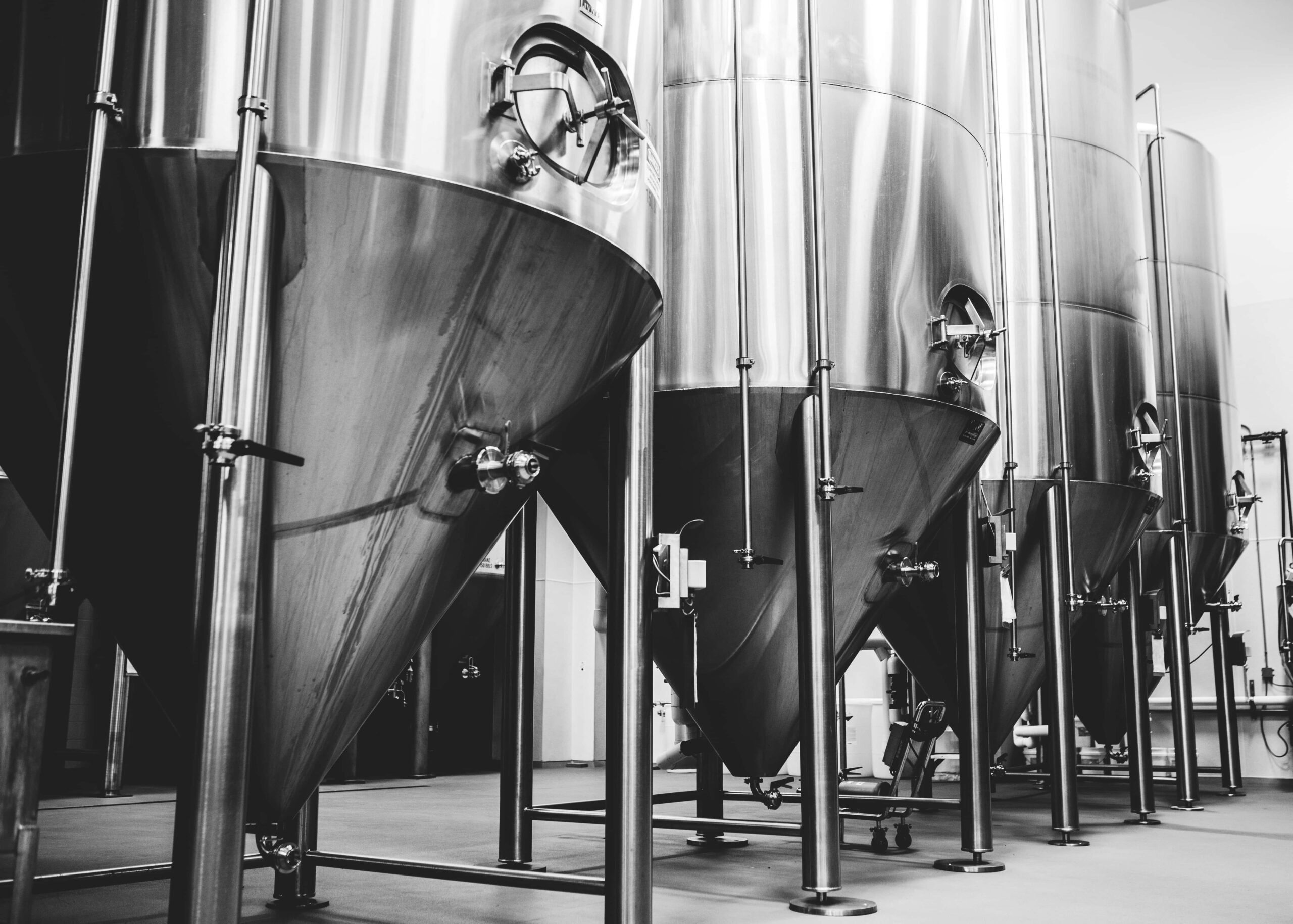 Row of stainless steel conical fermentation tanks in a brewery